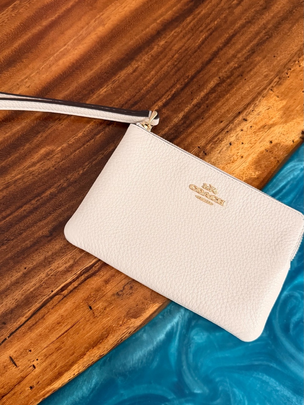 Coach Cream Pebbled Leather Wristlet with Gold Logo